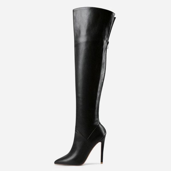 

boots faux leather pointed woman fashion 12cm thin high-heels thigh high winter warm zipper over the knee, Black