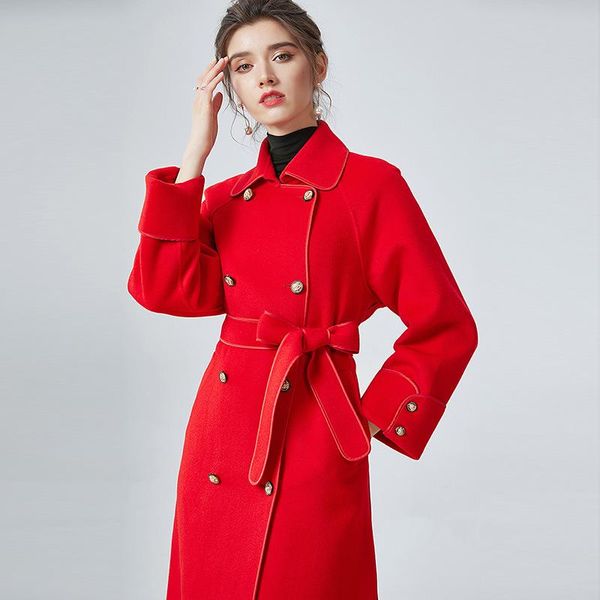 

women's wool & blends autumn and winter 2021 european american slim double-sided cashmere coat high-end long female woolen overcoat, Black