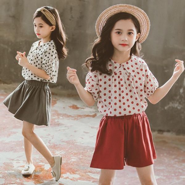 

clothing sets children girls summer clothes outfits polka dot shirt + shorts 2pcs kids school costume 4 6 8 10 12 years, White