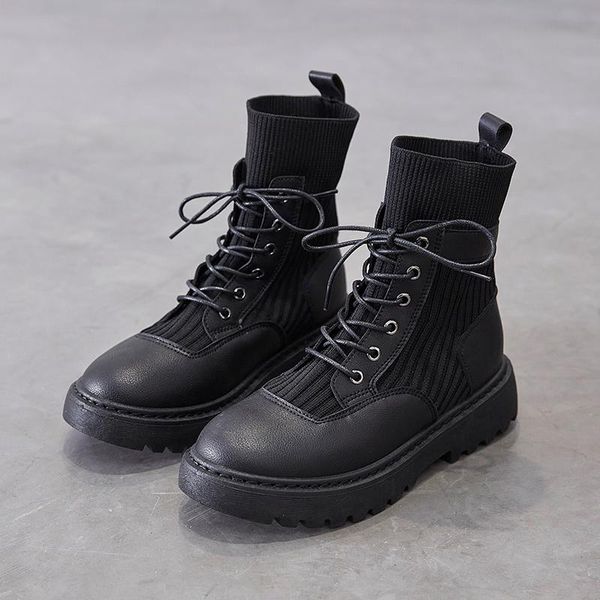 

boots ins fashion women's leather knitting ankle booties platform flat shoes for woman winter 2021 casual female, Black