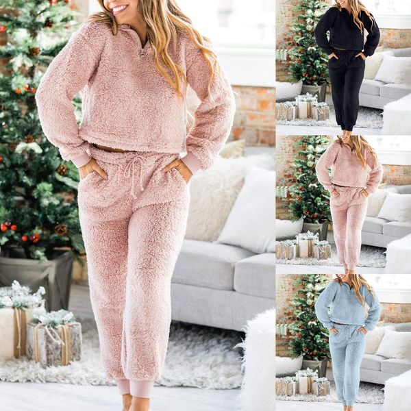 

women's two piece pants women pajamas set winter warm fleece homewear zipper female sleepwear solid turtleneck plush pyjamas suit sweat, White