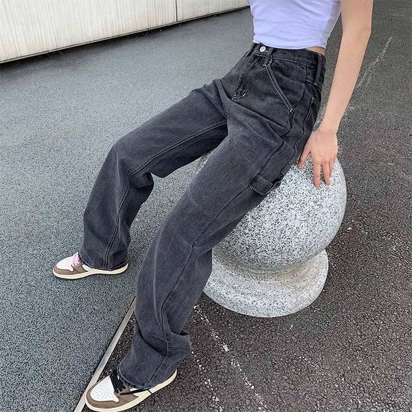

women's jeans wide leg retro straight denim high waist washed pants women autumn big pockets streetwear trousers for ladies uefc, Blue