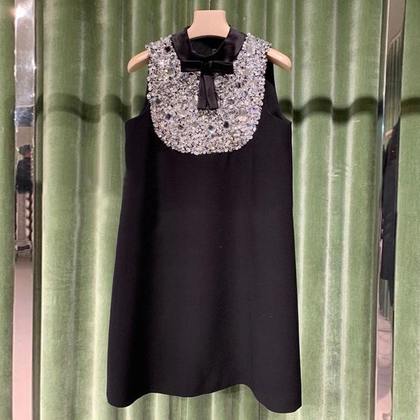 

casual dresses high-end customization women black sleeveless a-line dress handmade luxry diamond embroidered flared bow elegant 2021 summer, Black;gray