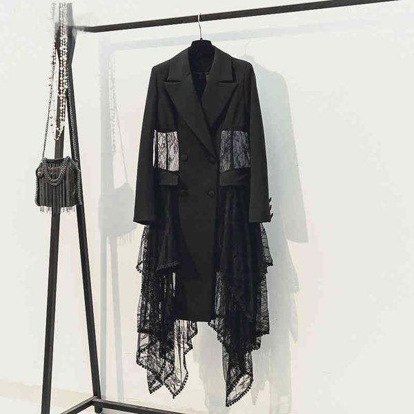 

women's jackets [ewq] suit autumn long-sleeved lace stitching coats hollow black trendy ladies overcoat n6rh, Black;brown