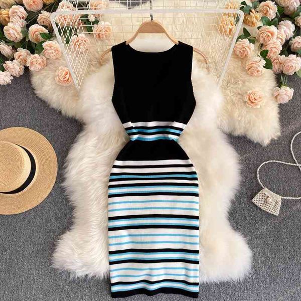 

summer women knitted dress multi-color striped stretch bodycon dress v-neck sleeveless tight fit casual tank dress 210515, Black;gray