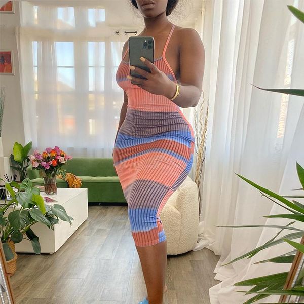 

casual dresses women 2021 lady street black red simple bodycon mid dress striped bandage sleeveless low cut, Black;gray