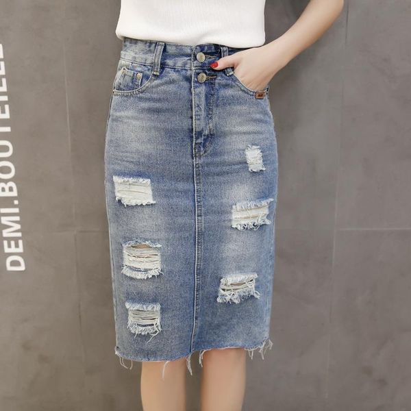 

summer korean women denim skirts high waist package hip pocket fashion hole cotton ropa mujer all match skirt 2021 b05717, Black