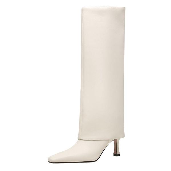 

boots fashion cow leather genuine women stiletto heels square ladies shoes winter solid color knee high, Black
