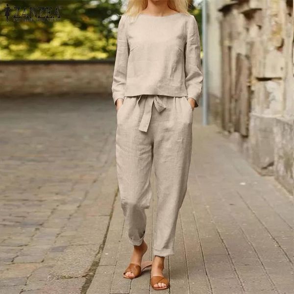 

women's two piece pants vintage 2pcs solid blouses women suits 2022 casual long sleeve shirts and elastic waist female tunic pantalon, White