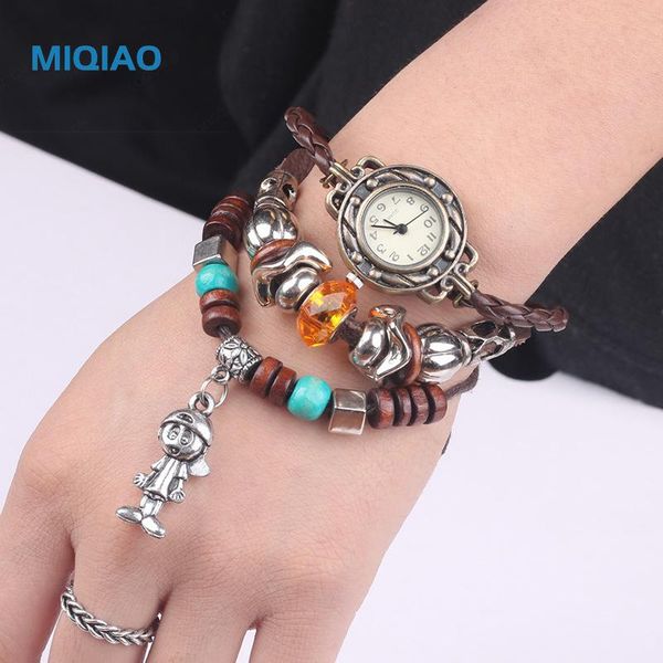 

wristwatches miqiao fashion korean watch vintage hand-woven beaded bracelet red little girl leather rope w145, Slivery;brown