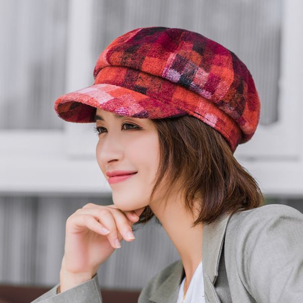 

stingy brim hats factory wholesale pumpkin plaid beret womens color matching octagonal cap tapered curved brim, Blue;gray