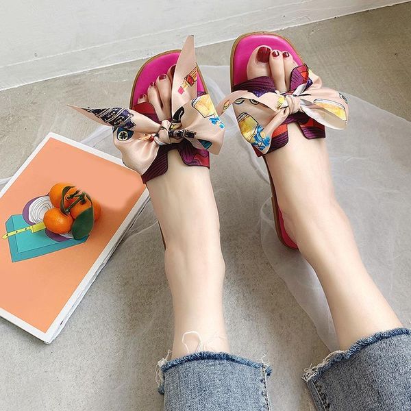 

wearing flat slippers women's shoes 2021 korean version of the summer large bow satin round head sandals wild half, Black