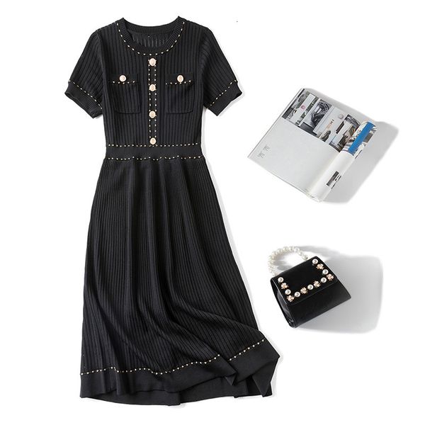 

casual dresses summer short sleeve round neck white / black pure color knitted panelled buttons mid-calf dress elegant nj29951102 dvia, Black;gray
