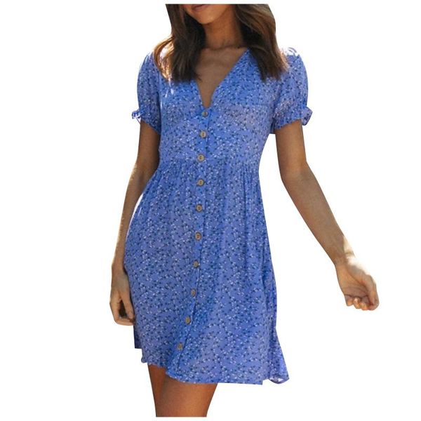 

casual dresses women's comfort high waist v-neck small floral button short sleeve dress, Black;gray