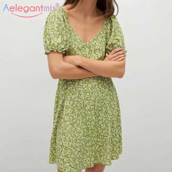 

aelegantmis flowers print mini dress for women sashes puff sleeve v neck summer short dresses korea vestidos mujer 3 colors 210607, Black;gray