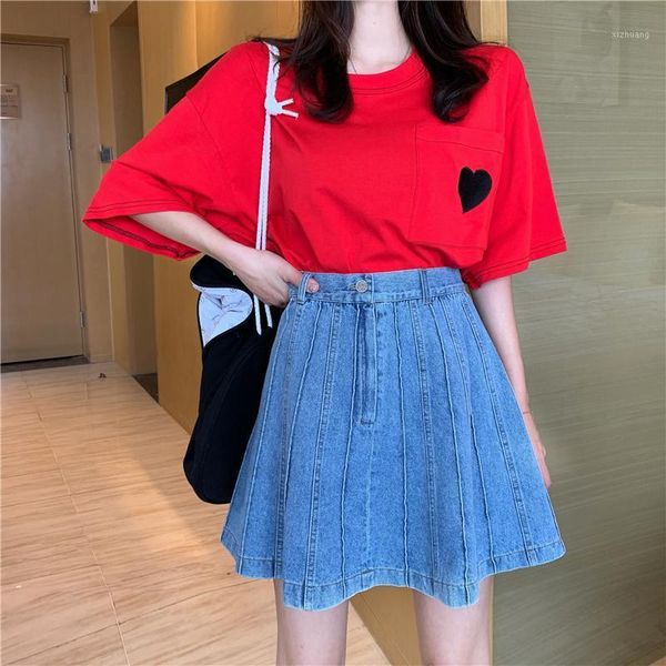 

skirts loose black thread embroidery mid-length t + high waist skirt pleated denim