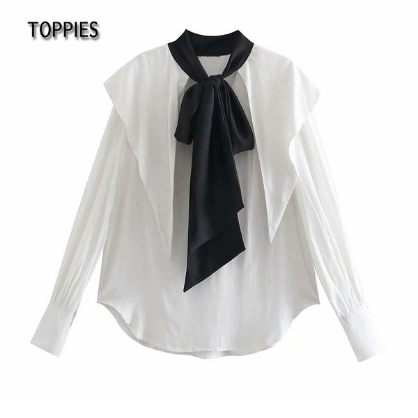 Toppies Doce Branco Ruffles Blusas Tops Mulher Laço Preto Camisas Longa Manga Senhoras Tops 210412