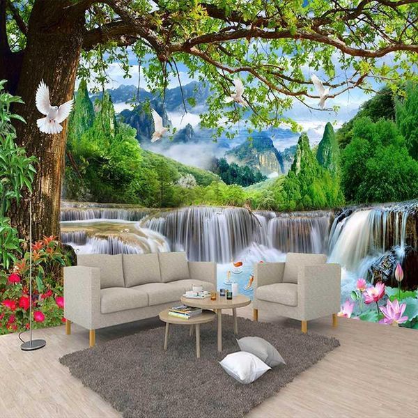 

custom wall mural green big tree forest waterfall nature landscape 3d poster po wallpaper for bedroom living room background11