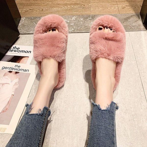 

shoes womens slippers outdoor female slides loafers fashion med fur flip flops platform 2021 soft flat luxury plush with, Black