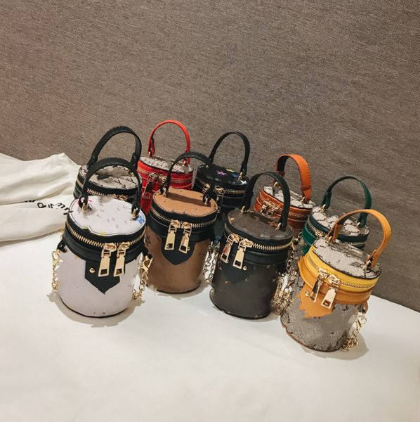 

designer children handbags kid letter printed handbag fashion girls pu leather bucket bags kids mini metal chain messenger bag a5971, Black