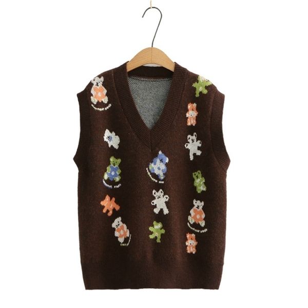 

kawaii sweater women cartoon bear sweaters vest winter v neck sleeveless vintage casual ladies knitted pullovers casual 210812, White;black