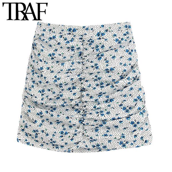 

traf women chic fashion floral print draped mini skirt vintage high waist back zipper female skirts casual faldas mujer 210415, Black