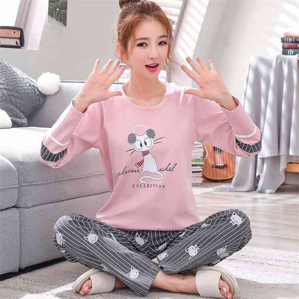 Sommer Pjs Baumwolle Frauen Pyjamas Nachtwäsche Sets Cartoon Dame Nachtwäsche Frauen Rundhals Casual Homewear Loungewear Anzug M-XXL 210330