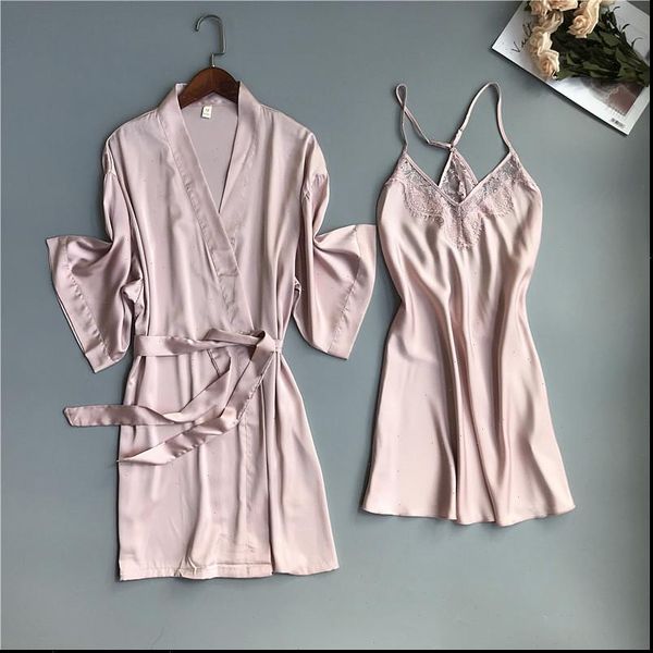 

spring summer satin robe women sleepwear amp gown sets lace sleep lounge sleeveless sil nightwear bathrobe night dress chest, Black;red