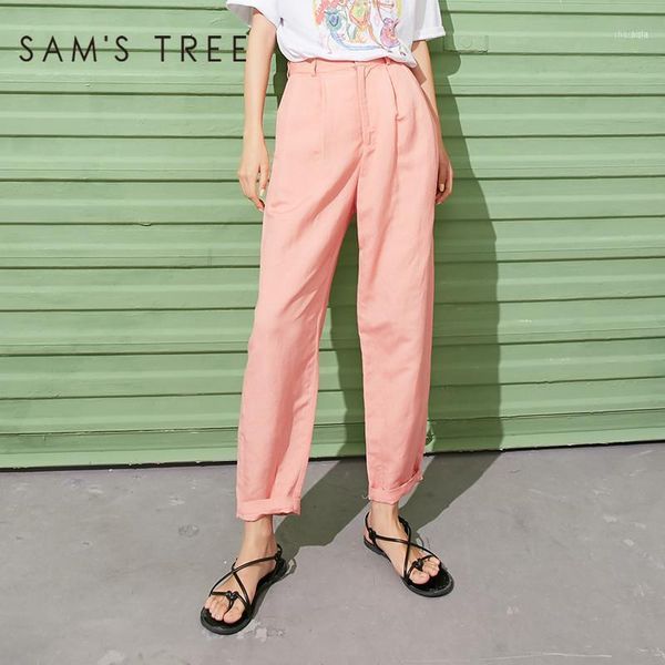 

sam's tree pink solid high waist casual women pants 2021 summer pure purple korean ladies minimalist daily safari trouser1, Black;white