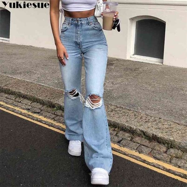 

flare pants female women's jeans large size boyfriend women high waist mom ripped stright trousers 210809, Blue