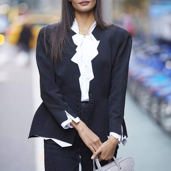 

women office lady blazer colorblock elegant slim coat women's suits & blazers, White;black