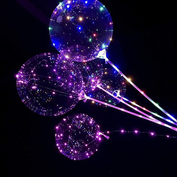 Palloncino luminoso a LED Colore trasparente Bobo Ball Lampeggiante Palloncini luminosi con palo da 70 cm Decorazione di nozze per feste di compleanno Valen224U