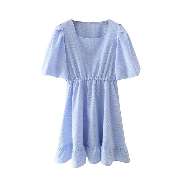

summer women square collar plaid mini dress female lantern sleeve clothes casual lady loose vestido d7762 210430, Black;gray