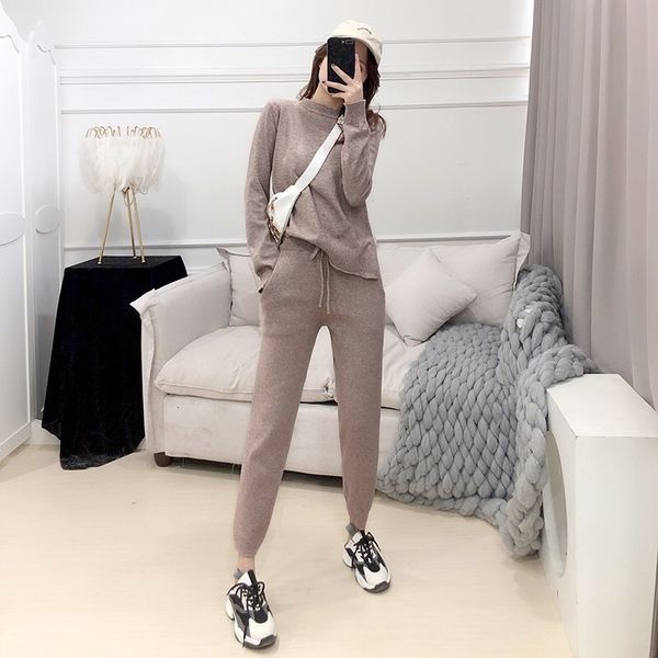 

pants autumn winter women loungewear solid long sleeve pullover sweater + lace-up pocket pant knit tracksuit 2-pieces clothing set, White
