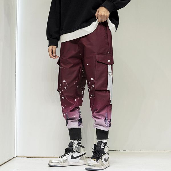 

pant casual fit streetwear jogger pants elastic waist fashion printed tactical cargo pant men trousers, Black