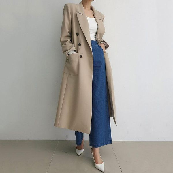 

women's suits & blazers office lady elegant solid casual long double breasted sleeve suit jacket autumn chic all-match coats women 2021, White;black