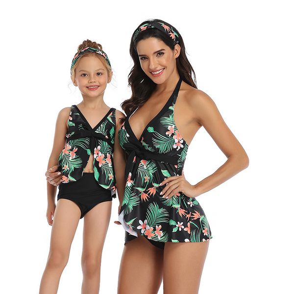 

look summer mother daughter flower printing swimwear matching clothes mommy and me bikini swimsuit, Blue