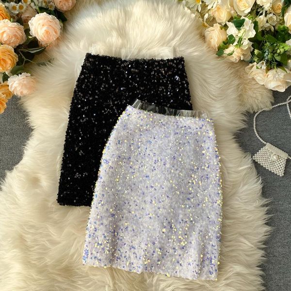 

skirts spring summer european heavy sequined high waist thin with bling bright flash a-word mini women fashion streetwear, Black