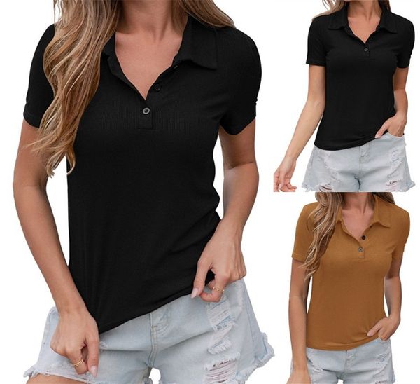 

2021 european and american women's spring and summer new solid button neck short sleeve t-shirt, White