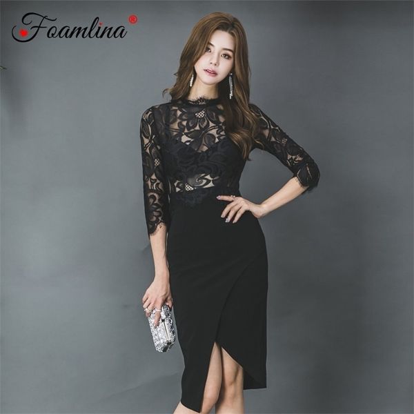 Sexy Floral Lace Bodycon Dress Hollow Out Phatchwork 3/4 Manga Frente Divisão Partida Noite Bainha Outono 210603