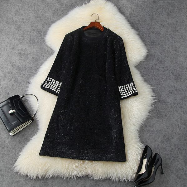 

casual dresses fall winter 3/4 sleeve round neck black pure color glitter knitted beads short mini loose dress elegant ln1311574 az3s, Black;gray