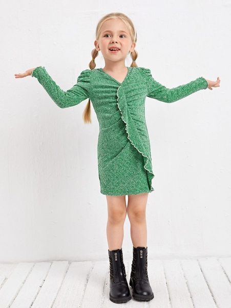 

toddler girls puff sleeve ruffle trim dress she01, Red;yellow