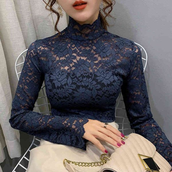

blusas mujer de moda long sleeve hollow lace blouse women shirts turtleneck blouse women womens and blouses c383 210426, White