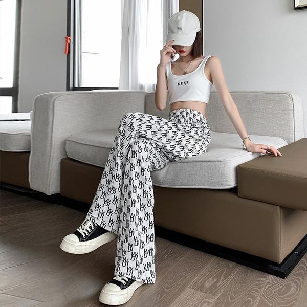 

women's pants & capris qingwen letter printed wide-leg women summer thin chiffon high-waisted slimming mopping trousers pantalones de, Black;white