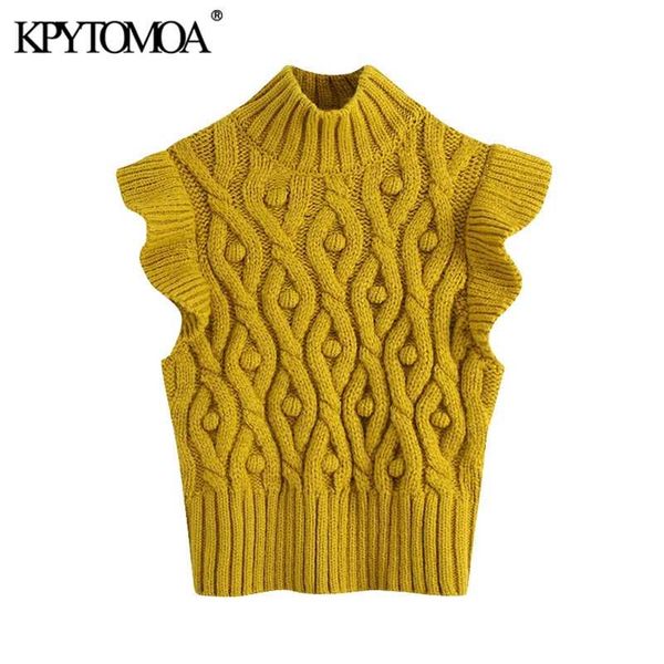 KPYTOMOA Frauen Mode Mit Pompoms Rüschen Gestrickte Weste Pullover Vintage High Neck Ärmellose Weibliche Weste Chic Tops 211106