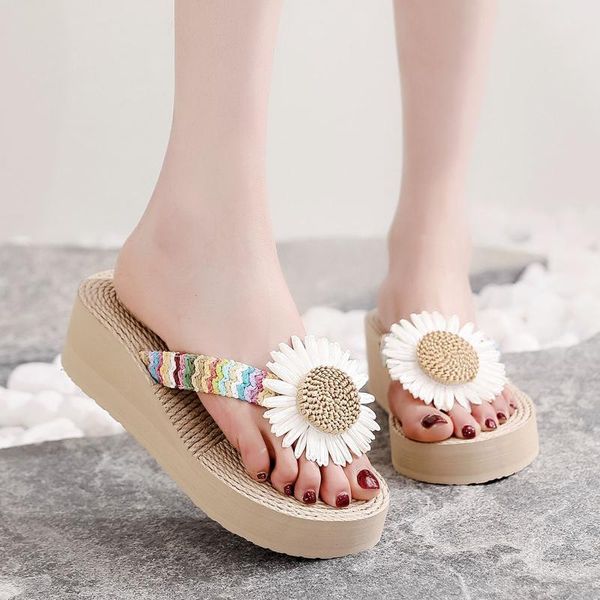 

women shoes 2021 summer weave beach breathable sandals home slipper flower flip-flops wedges slippers, Black
