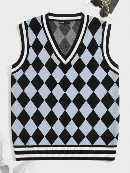 

men argyle pattern contrast trim sweater vest t1rx#, White;black