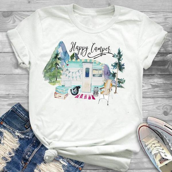 

happy camper printed short sleeve womens t shirts loose tee clothes graphic, White
