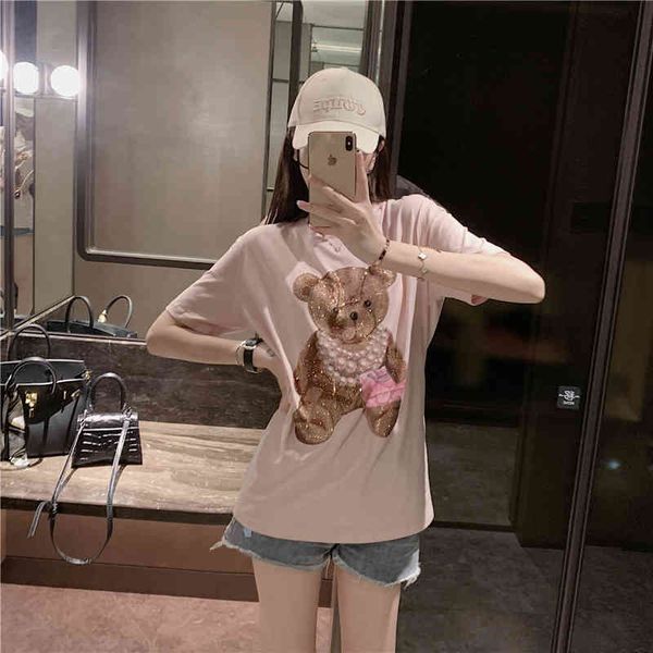 

women's t-shirt 2021 female drill bear pink t-shirts with short sleeve feminine fashion shirt printed a pearl, White