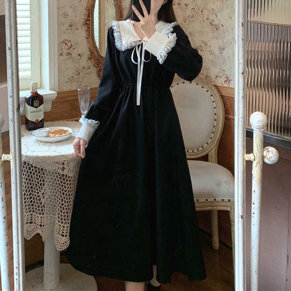 

vintage dres sweet lace peter pan collar french elegant long sleeve lace-up fairy dress korean spring chic 210706, Black;gray